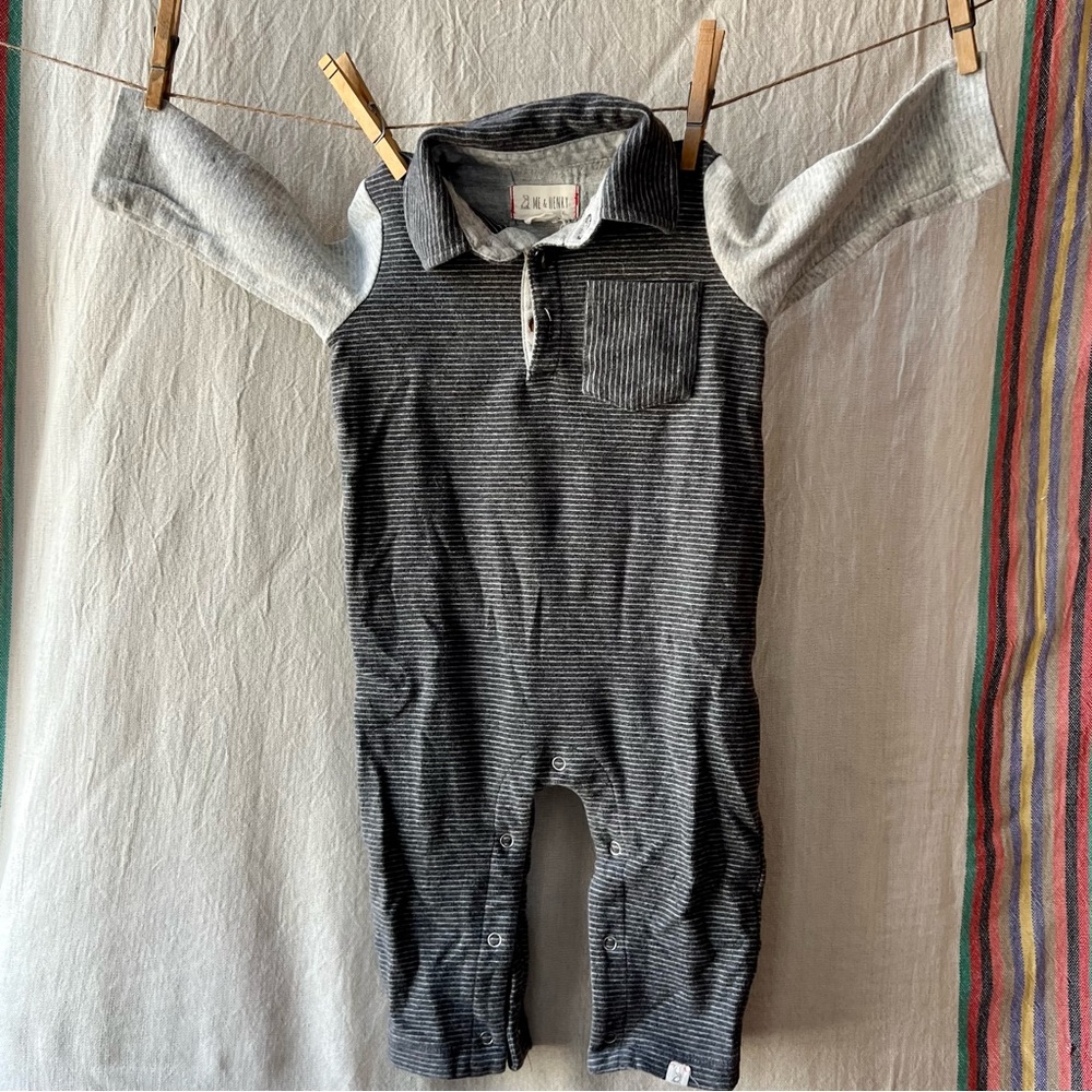Me and Henry charcoal and gray stripe polo romper